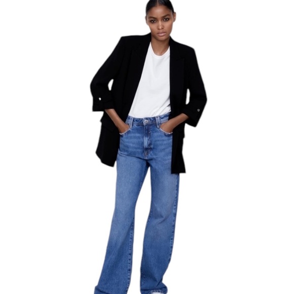 Zara Black Roll Button Sleeve Open Front Blazer Jacket - L - Picture 16 of 16